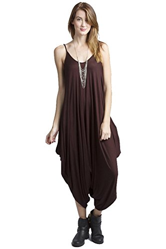 Solid Women Harem Overall Summer Spagehtti Straps Jumpsuit Romper (Large, Brown)