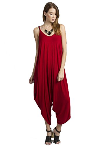 Solid Women Harem Overall Summer Spagehtti Straps Jumpsuit Romper (Large, Red)