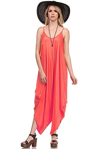 Fashion Secrets Solid Women Harem Overall Summer Spagehtti Straps Jumpsuit Romper (Large, Coral)