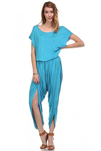Fashion Secret Harem Summer Jumpsuit Romper Overalls (Large, Scuba Blue)