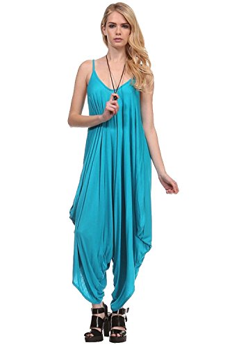 Solid Women Harem Overall Summer Spagehtti Straps Jumpsuit Romper (Small, Scuba Blue)