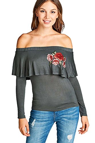 Fashion Secrets Women`s Off Shoulder Ruffle Embroidered Soft Jersey Embroidered