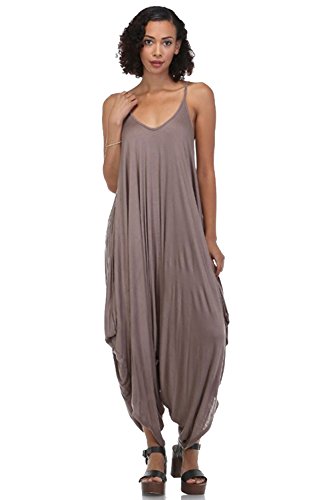 Solid Women Harem Overall Summer Spagehtti Straps Jumpsuit Romper (Small, Mocha)