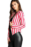 Fashion Secrets Women`s Collarless Open Front Stripe Blazer, Classic Formal Jacket W Zipper.