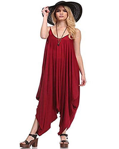 Love Solid Women Harem Overall Summer Spagehtti Straps Jumpsuit Romper (Small, Burgundy)