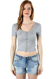 Fashion Secrets Juniors Ribbed Scoop Neck With Faux Snap Button Crop Top Shirt