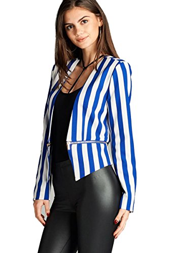 Fashion Secrets Women`s Collarless Open Front Stripe Blazer, Classic Formal Jacket W Zipper.