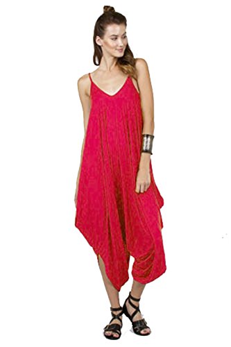 Solid Women Harem Overall Summer Spagehtti Straps Jumpsuit Romper (Large, Dark Coral)