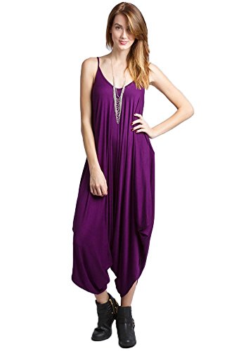 Solid Women Harem Overall Summer Spagehtti Straps Jumpsuit Romper (Large, Purple)