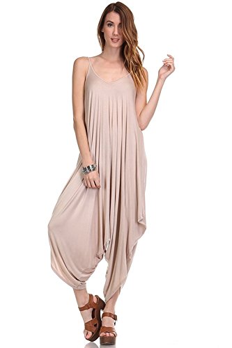 Love Solid Women Harem Overall Summer Spagehtti Straps Jumpsuit Romper (Small, Toasted Almond)