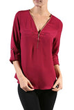 Fashion Secrets 3/4 Roll up Sleeve Zippered Front Wool Dobby Top Blouse