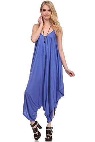 Solid Women Harem Overall Summer Spagehtti Straps Jumpsuit Romper (Large, Blue Berry)