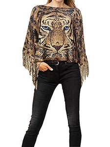 Fashion Secrets Tiger Print Sweater Poncho Cap with Fringes
