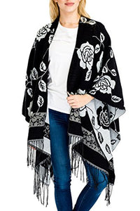 Fashion Secrets Women`s Two Tone Floral - Tiger - Leopard Printed Reversible Draped Cape Wool - Cashmere Felt Poncho Shawl Cardigan Sweater