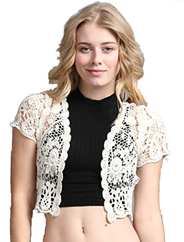 Fashion Secrets Crochet Lace Shrug Bolero Cropped jacket cardigan (S / M, Off White)