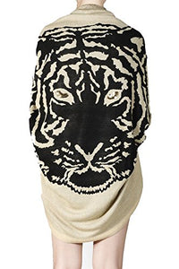 Womens Tiger Animal Print Sweater Loose Cardigan (Small, Taupe = Black)